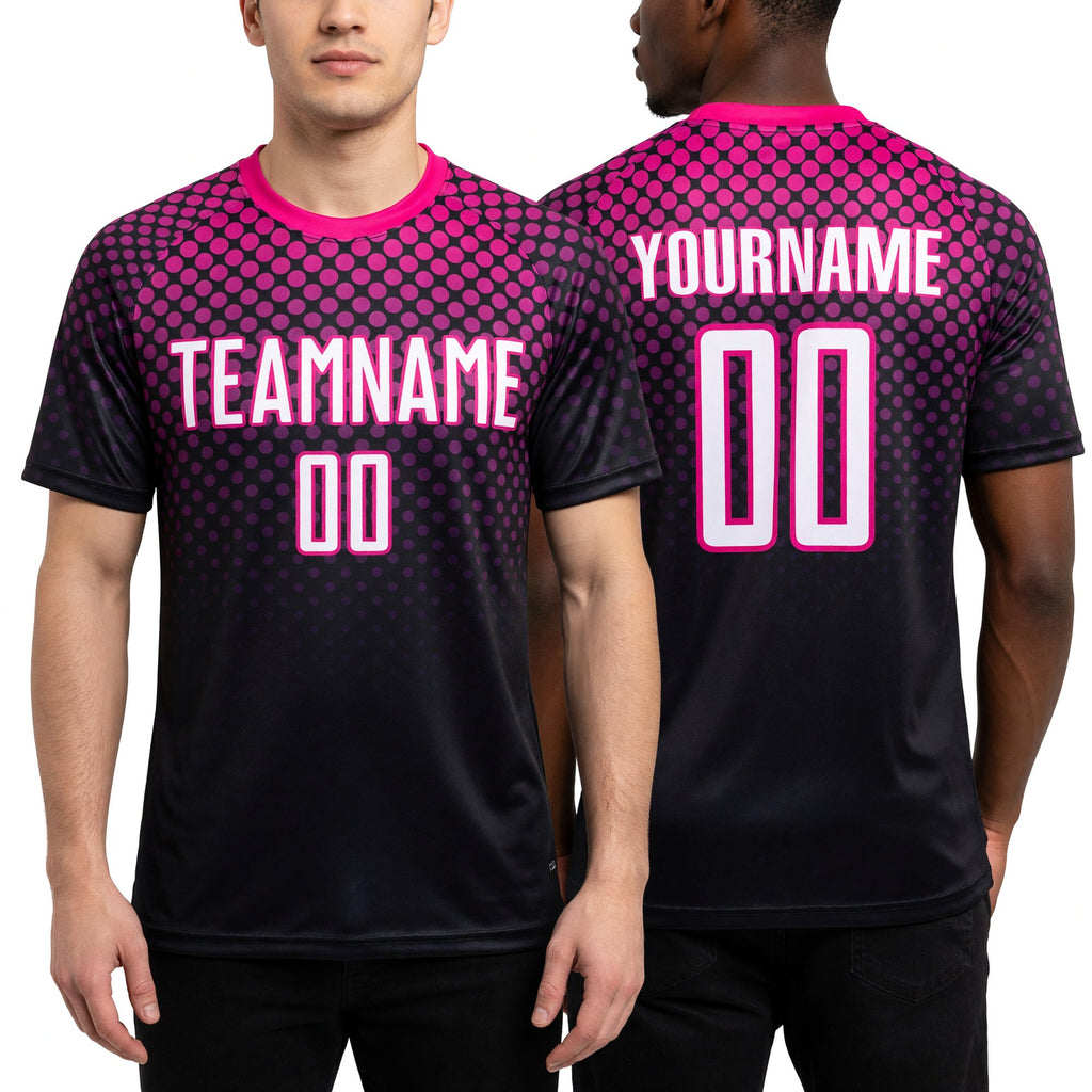 Custom Black White-Deep Pink Halftone Dots Sublimation Soccer Uniform Jersey worn front and back
