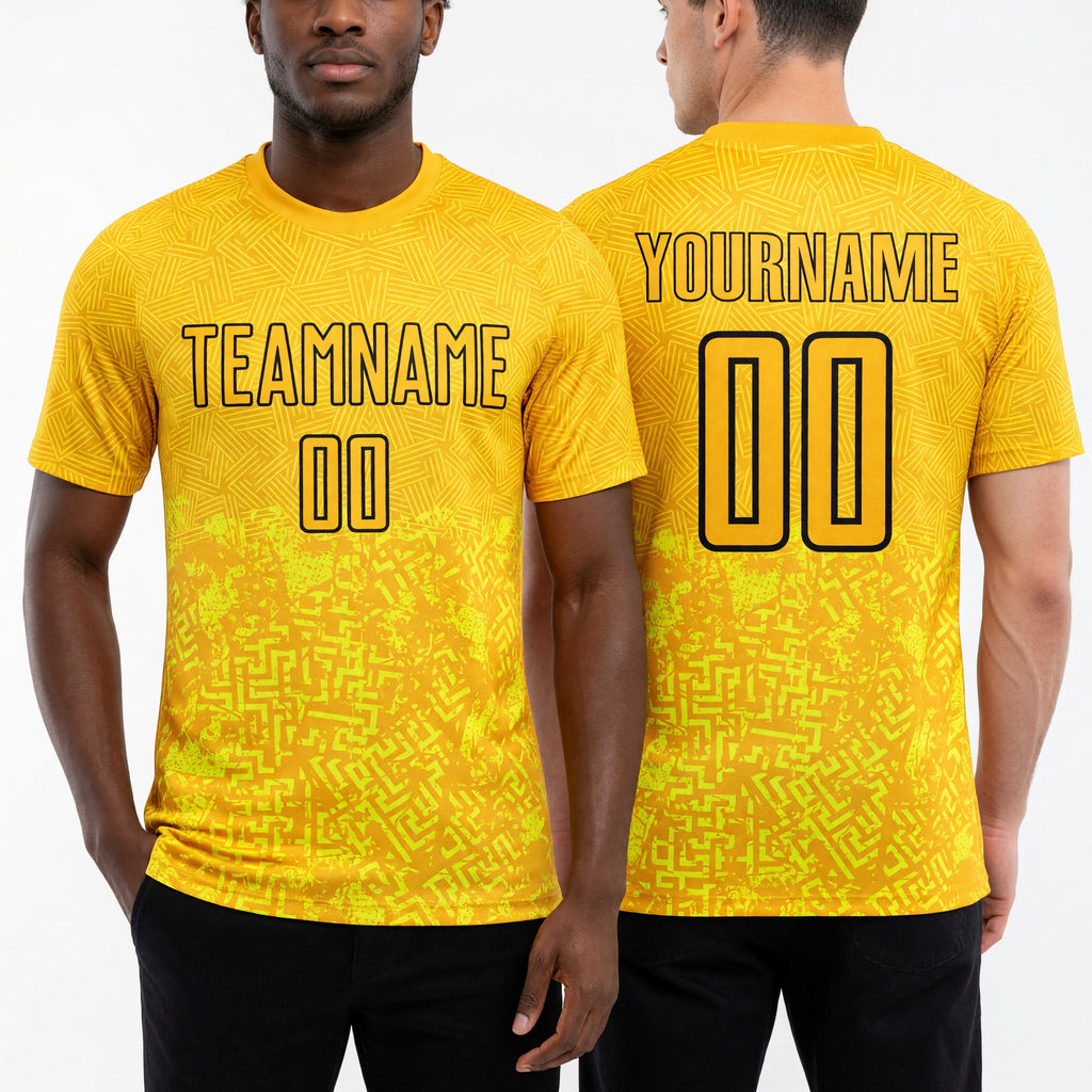 Custom Gold Black Geometric Shapes Sublimation Soccer Uniform Jersey worn front and back