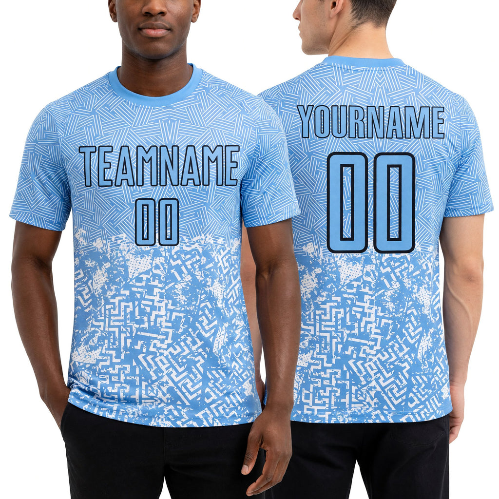 Custom Light Blue Black Geometric Shapes Sublimation Soccer Uniform Jersey worn front and back