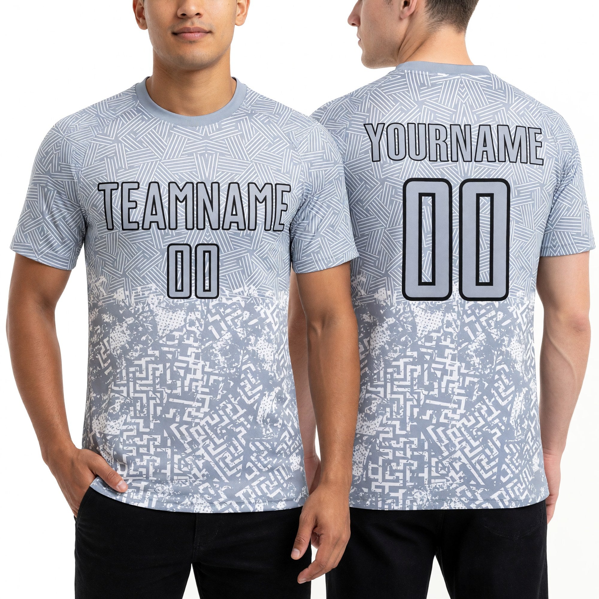 Custom Gray Black Geometric Shapes Sublimation Soccer Uniform Jersey worn front and back