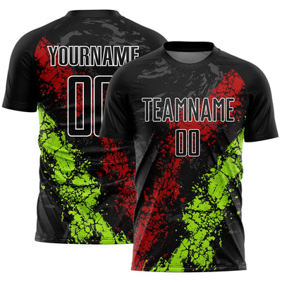 Custom Black Dripping Splatter Art Sublimated Soccer Jersey with Red and Neon Green Lettering