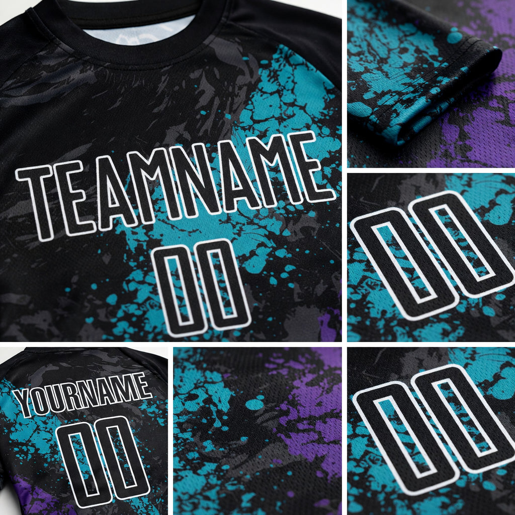 Custom Black Teal-Purple Dripping Splatter Art Sublimation Soccer Uniform Jersey detail