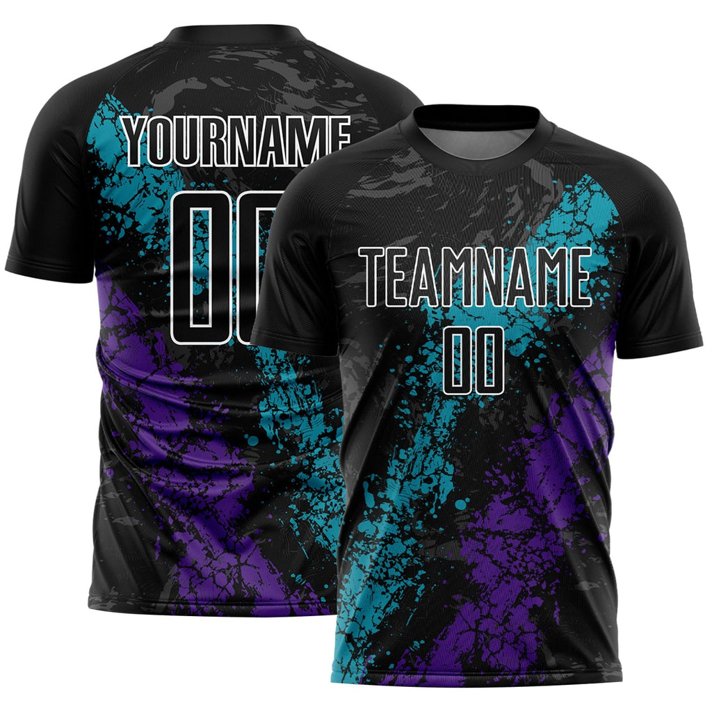 Custom Black Teal-Purple Dripping Splatter Art Sublimation Soccer Uniform Jersey photo 1