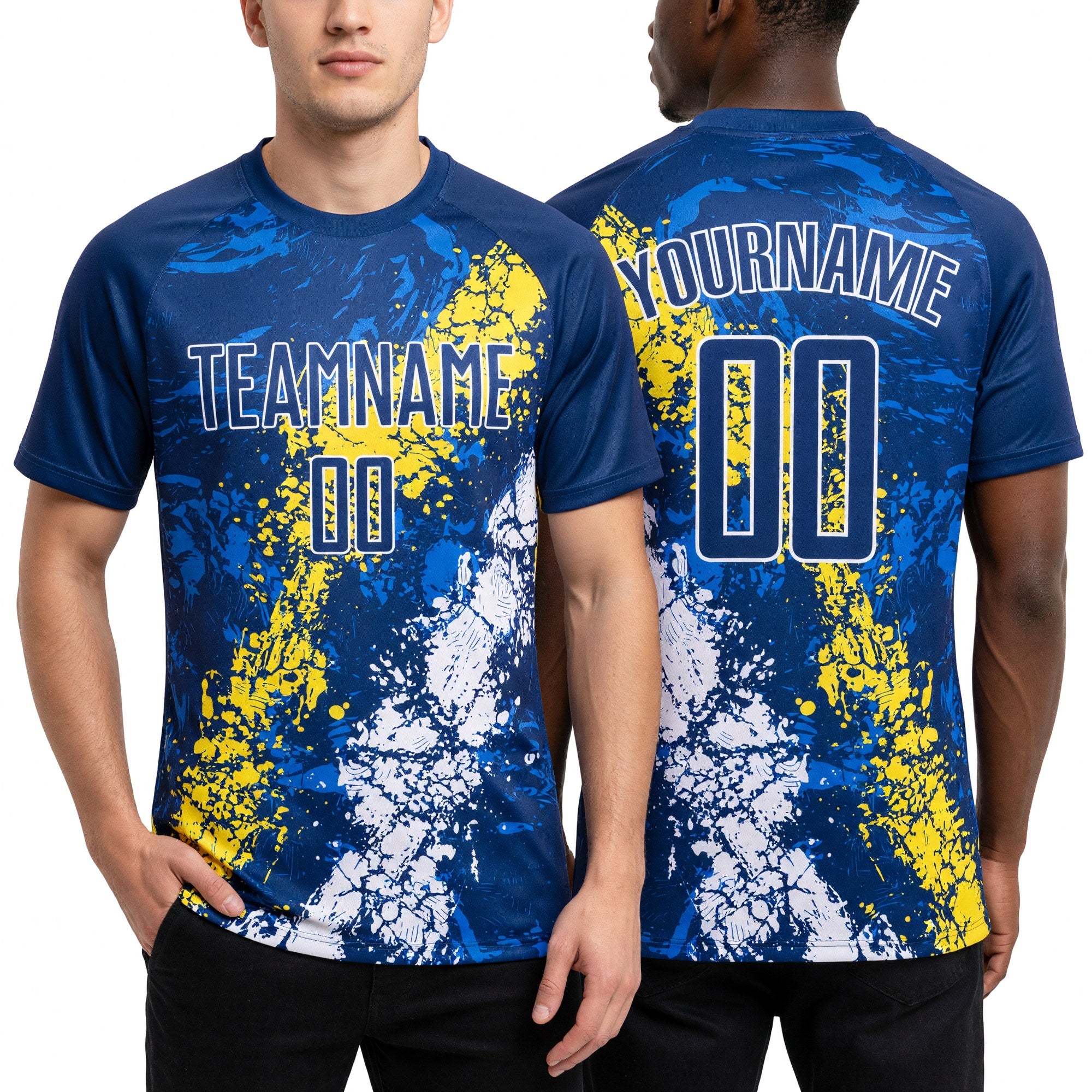 Custom Royal Light Yellow-White Dripping Splatter Art Sublimation Soccer Uniform Jersey worn front and back