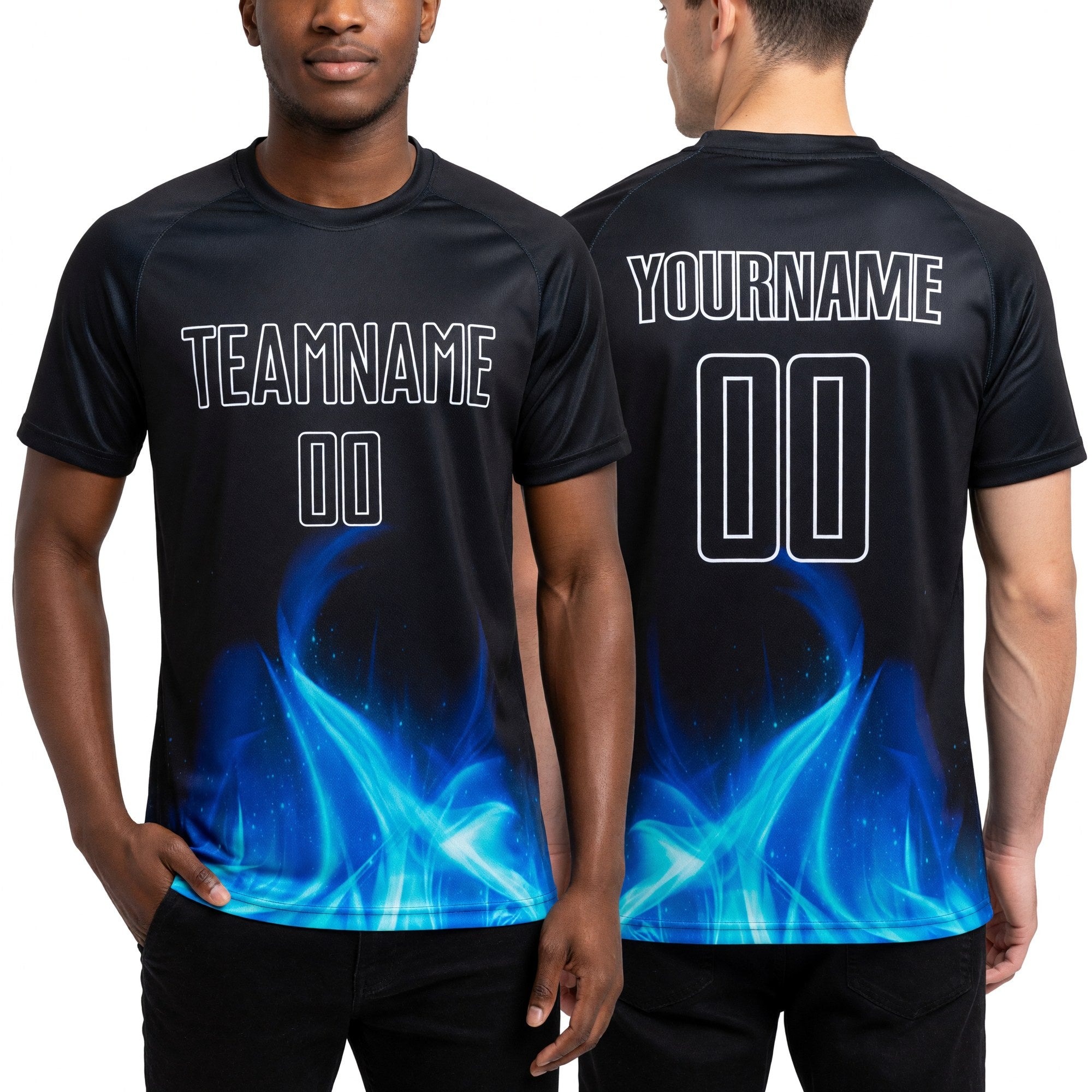 Custom Black White Flame Sublimation Soccer Uniform Jersey worn front and back