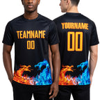 Custom Black Yellow-Orange Dragon Flame Sublimation Soccer Uniform Jersey worn front and back