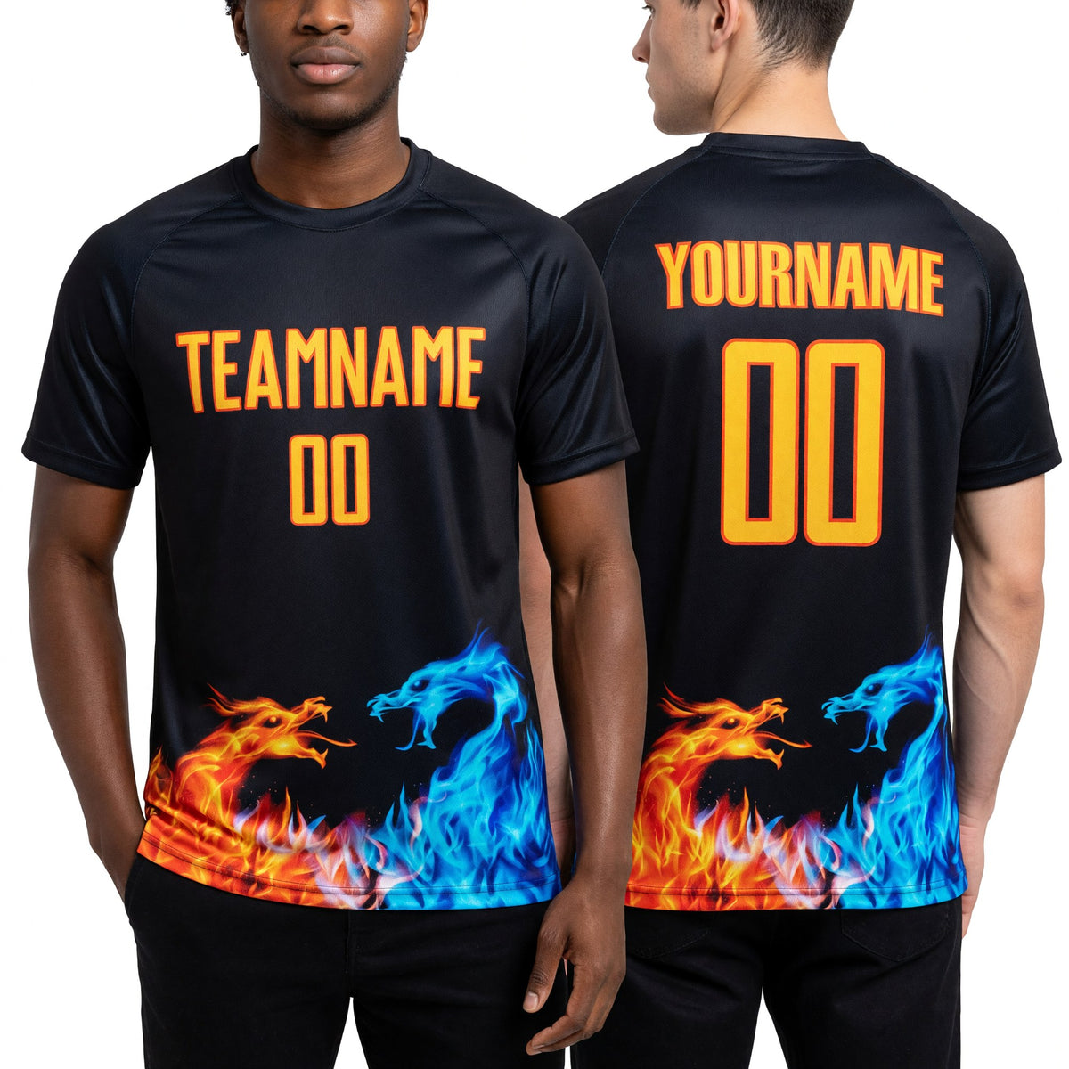 Custom Black Yellow-Orange Dragon Flame Sublimation Soccer Uniform Jersey worn front and back