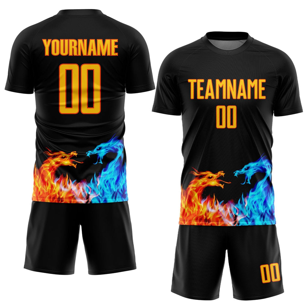 Custom Black Yellow-Orange Dragon Flame Sublimation Soccer Uniform Jersey photo 2