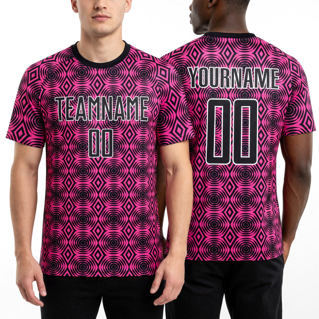 Custom Pink Black-White Geometric Shapes Sublimation Soccer Uniform Jersey worn front and back