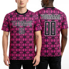 Custom Pink Black-White Geometric Shapes Sublimation Soccer Uniform Jersey worn front and back