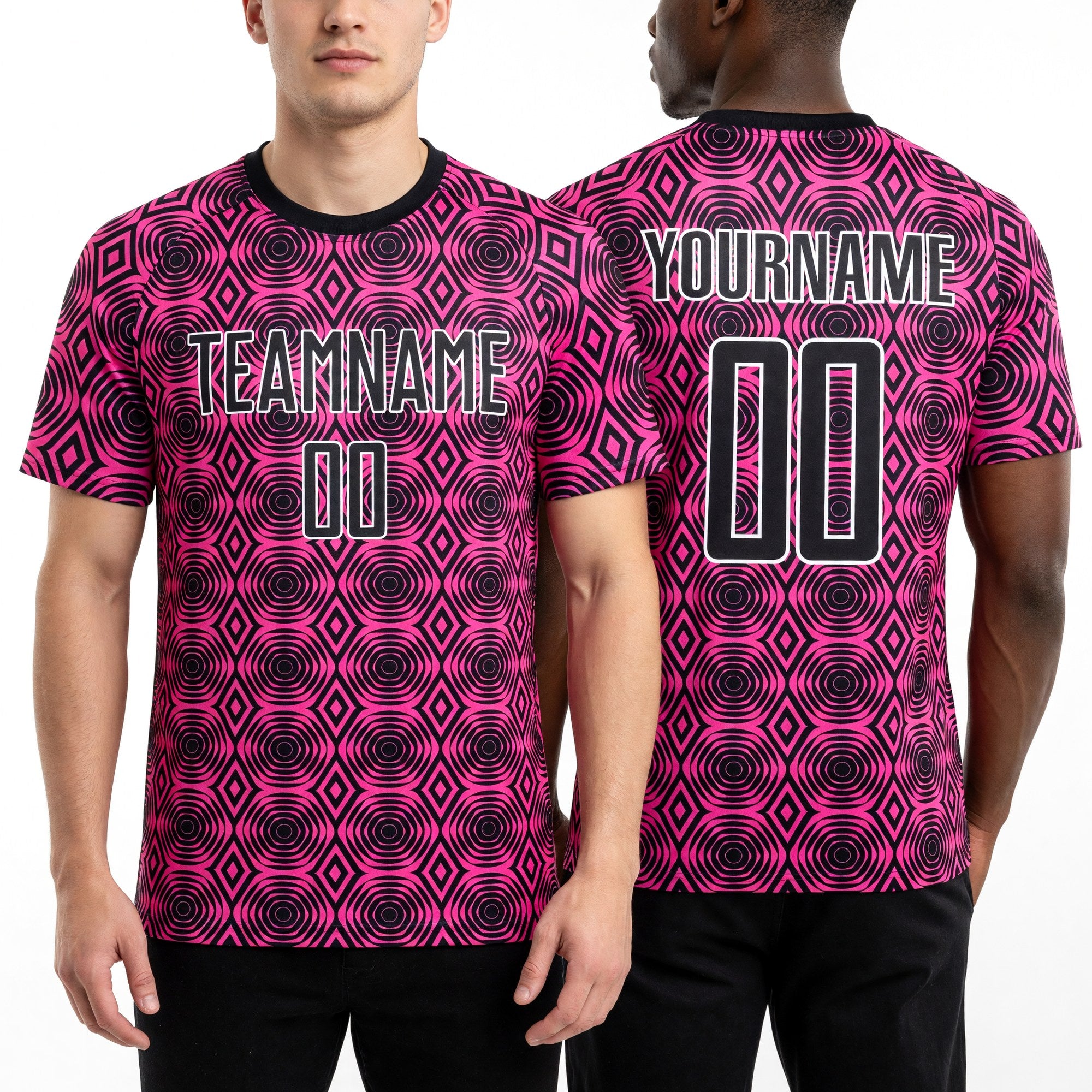 Custom Pink Black-White Geometric Shapes Sublimation Soccer Uniform Jersey worn front and back