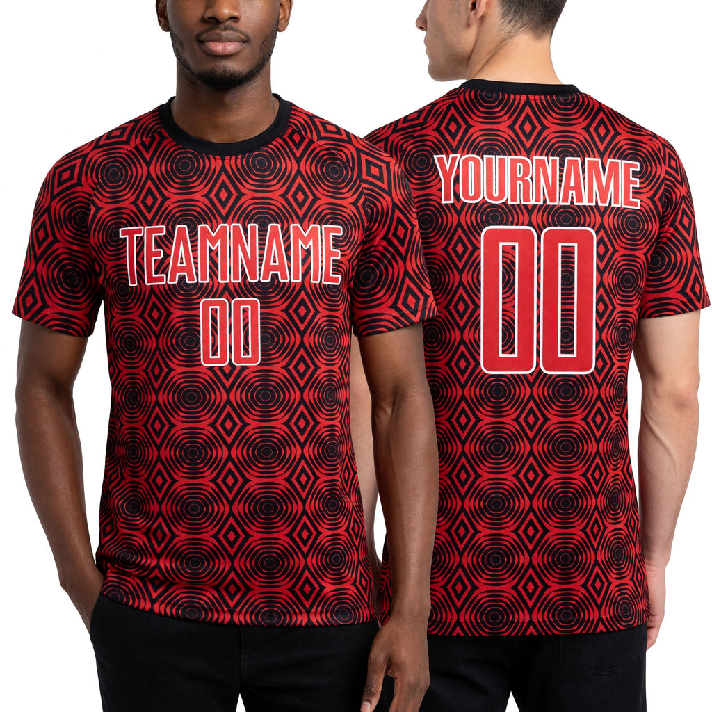 Custom Red Black-White Geometric Shapes Sublimation Soccer Uniform Jersey worn front and back
