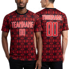 Custom Red Black-White Geometric Shapes Sublimation Soccer Uniform Jersey worn front and back