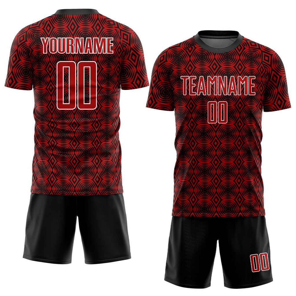 Custom Red Black-White Geometric Shapes Sublimation Soccer Uniform Jersey photo 2