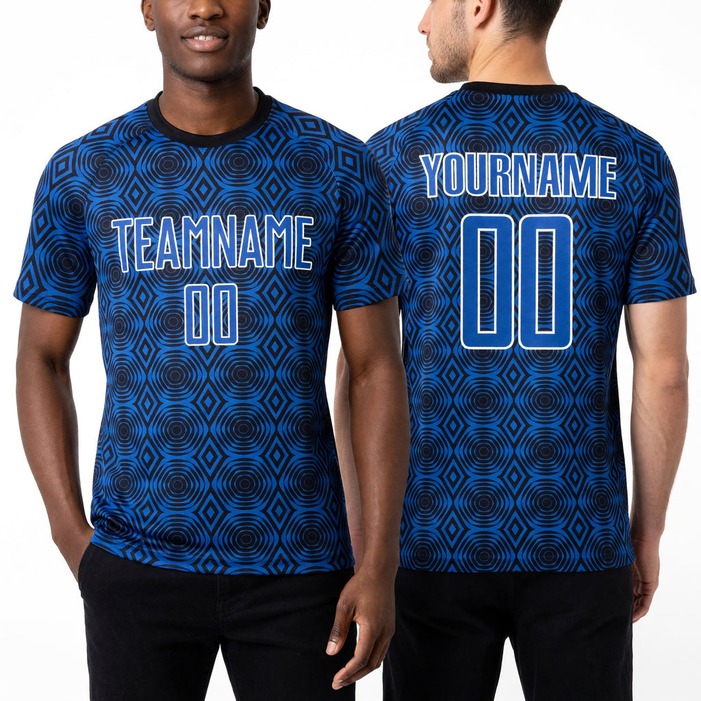 Custom Thunder Blue Black-White Geometric Shapes Sublimation Soccer Uniform Jersey worn front and back