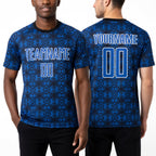 Custom Thunder Blue Black-White Geometric Shapes Sublimation Soccer Uniform Jersey worn front and back