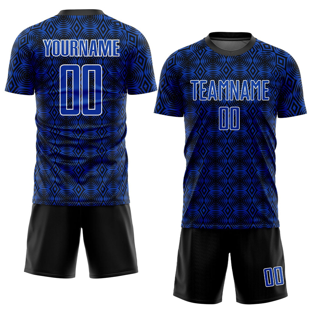 Custom Thunder Blue Black-White Geometric Shapes Sublimation Soccer Uniform Jersey photo 2