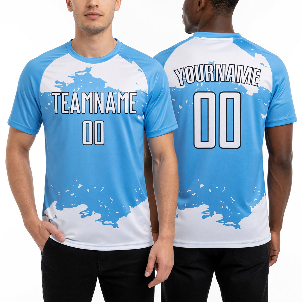 Custom Light Blue White-Black Abstract Fragment Art Sublimation Soccer Uniform Jersey worn front and back