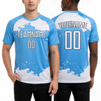 Custom Light Blue White-Black Abstract Fragment Art Sublimation Soccer Uniform Jersey worn front and back