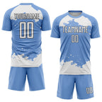 Custom Light Blue White-Black Abstract Fragment Art Sublimation Soccer Uniform Jersey photo 2