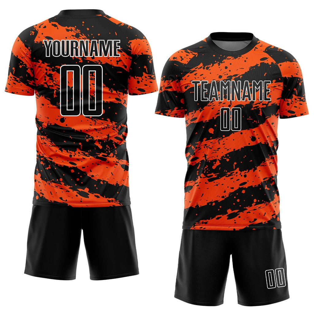 Custom Black Orange-White Splash Sublimation Soccer Uniform Jersey photo 2