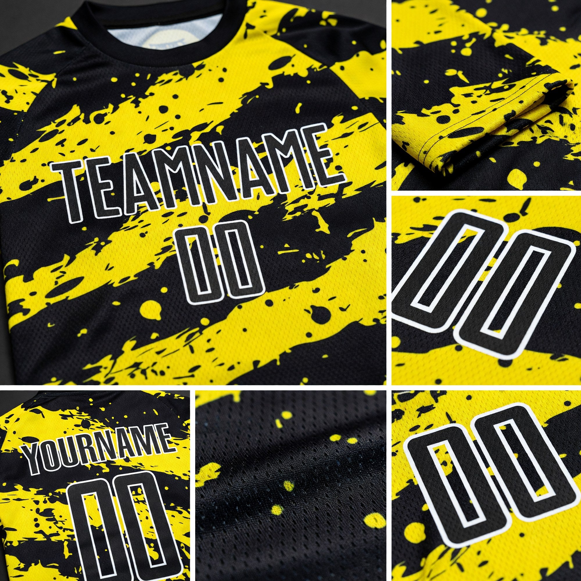 Custom Black Light Yellow-White Splash Sublimation Soccer Uniform Jersey detail