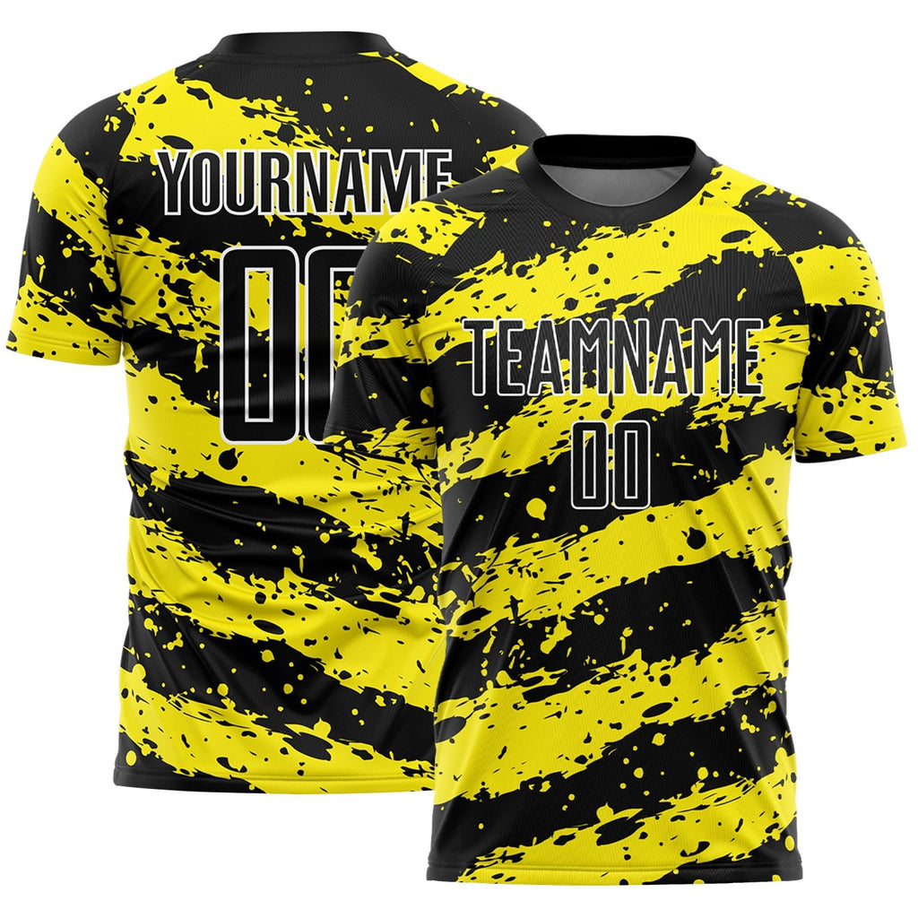 Custom Black Light Yellow-White Splash Sublimation Soccer Uniform Jersey photo 1