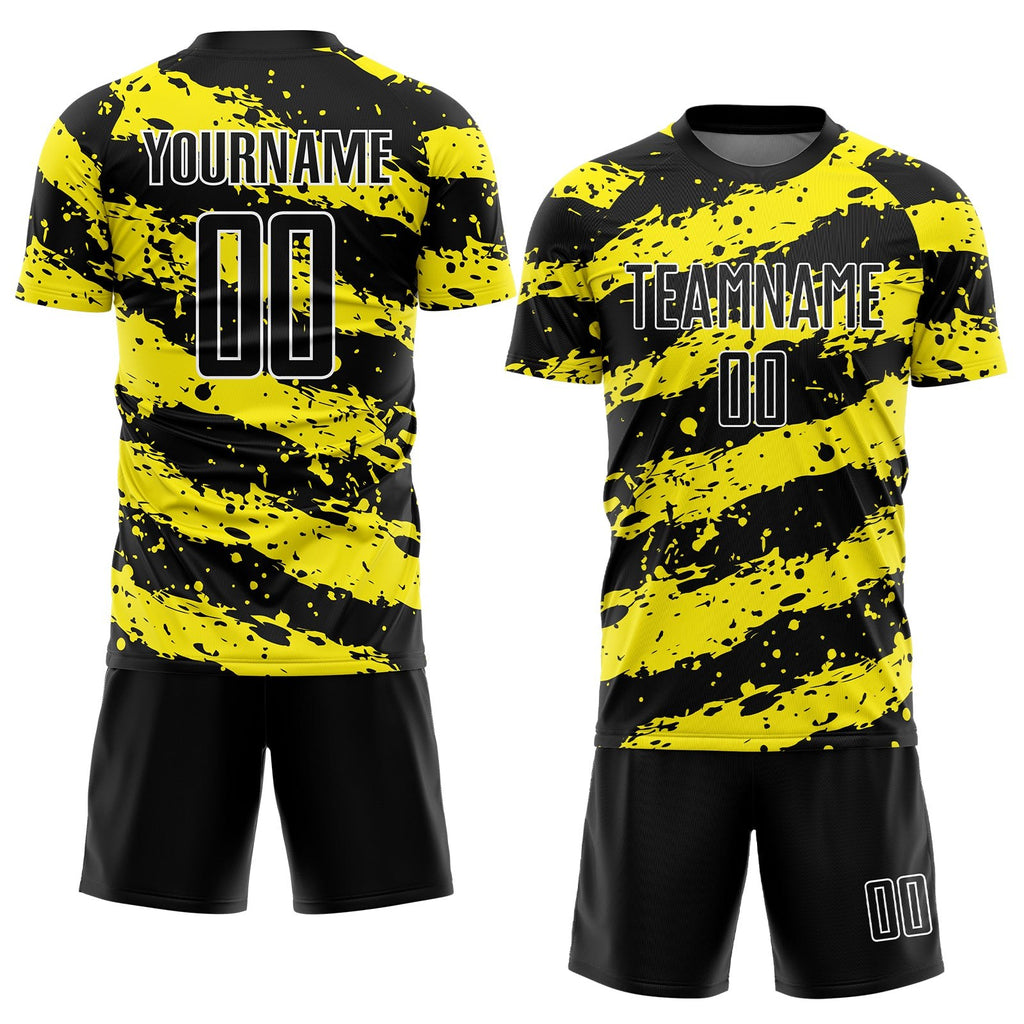 Custom Black Light Yellow-White Splash Sublimation Soccer Uniform Jersey photo 2