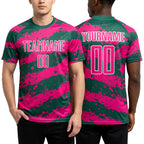Custom Kelly Green Hot Pink-White Splash Sublimation Soccer Uniform Jersey worn front and back