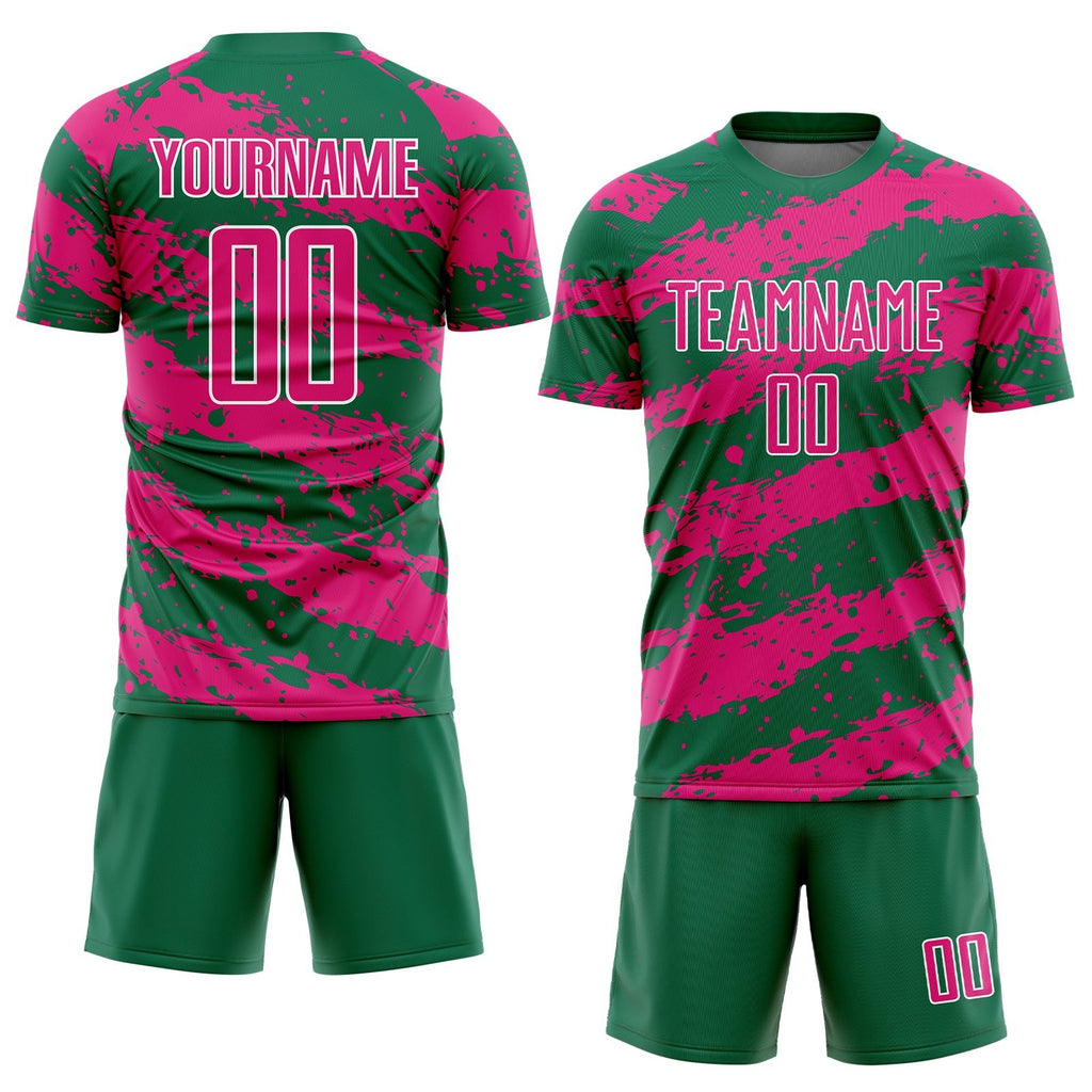 Custom Kelly Green Hot Pink-White Splash Sublimation Soccer Uniform Jersey photo 2