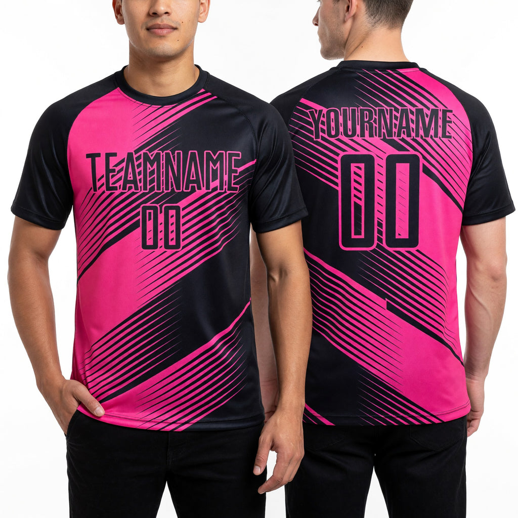 Custom Black Pink Line Sublimation Soccer Uniform Jersey worn front and back