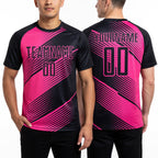 Custom Black Pink Line Sublimation Soccer Uniform Jersey worn front and back