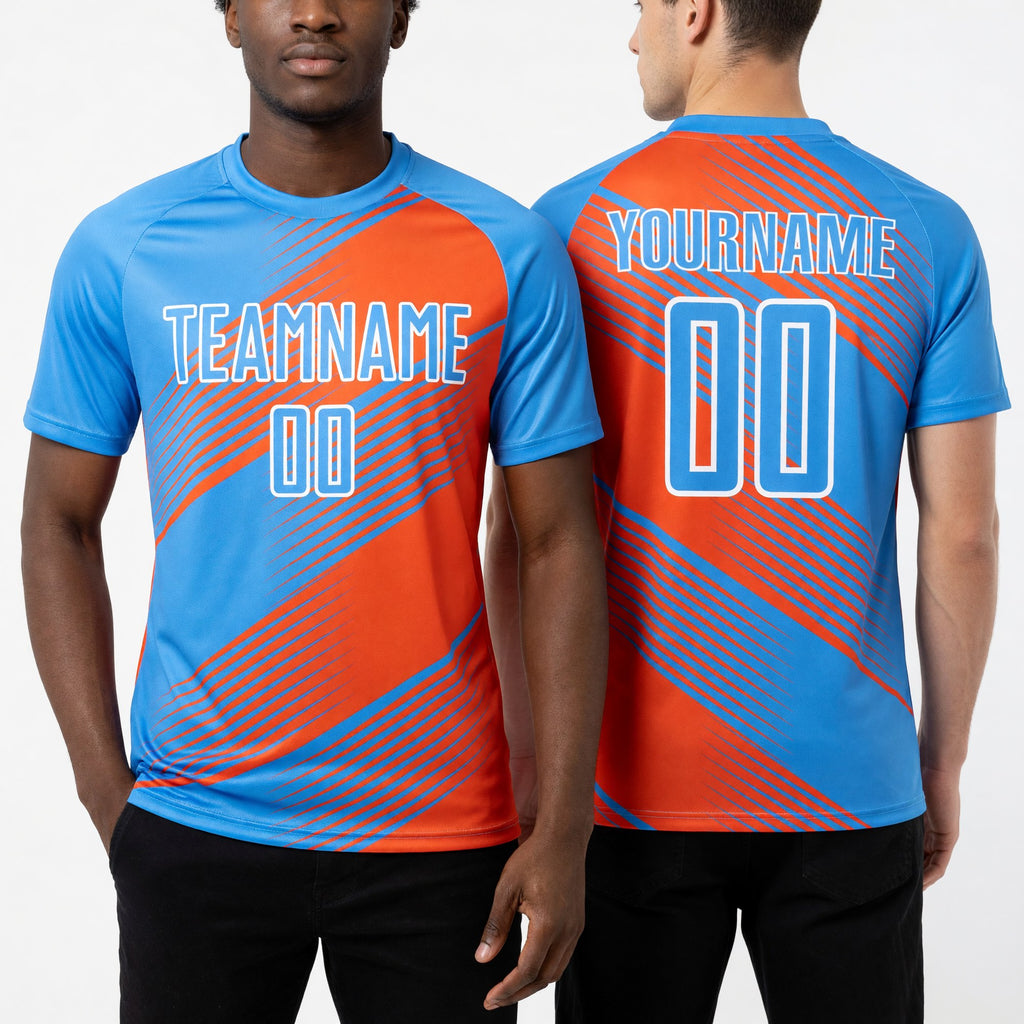 Custom Powder Blue Orange-White Line Sublimation Soccer Uniform Jersey worn front and back