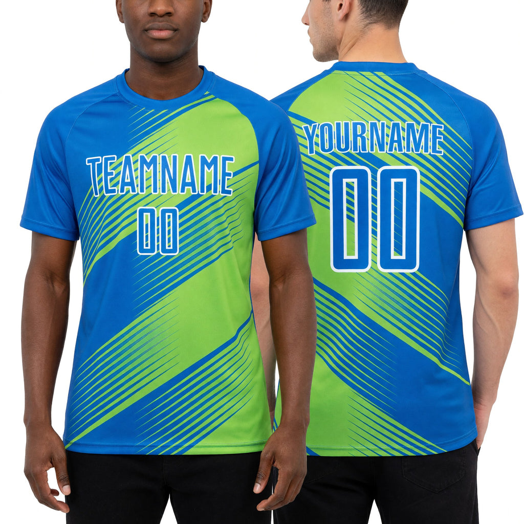 Custom Powder Blue Neon Green-White Line Sublimation Soccer Uniform Jersey worn front and back
