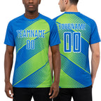 Custom Powder Blue Neon Green-White Line Sublimation Soccer Uniform Jersey worn front and back