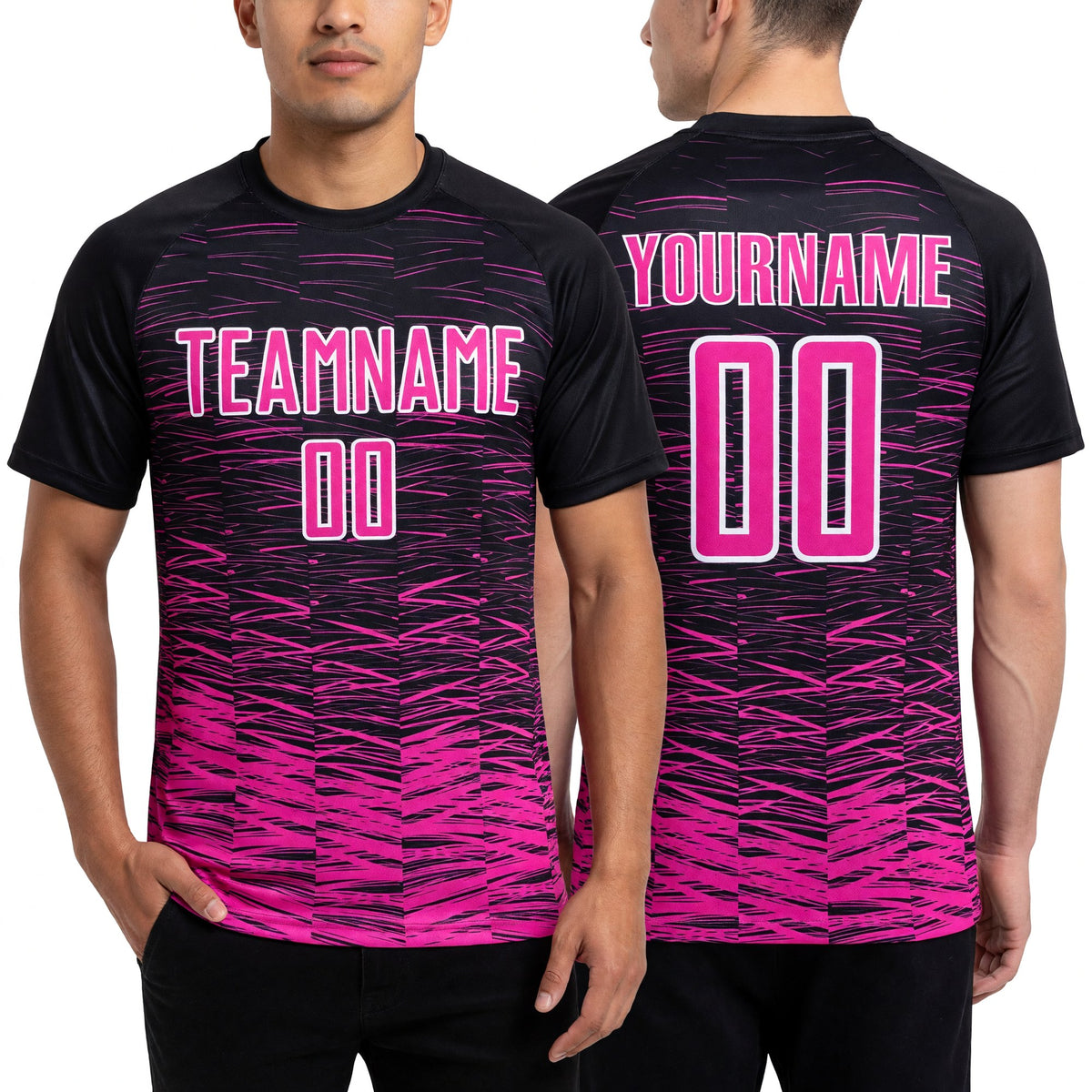 Custom Black Deep Pink-White Line Sublimation Soccer Uniform Jersey worn front and back