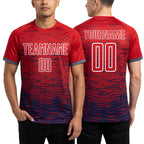 Custom Red Navy-White Line Sublimation Soccer Uniform Jersey worn front and back