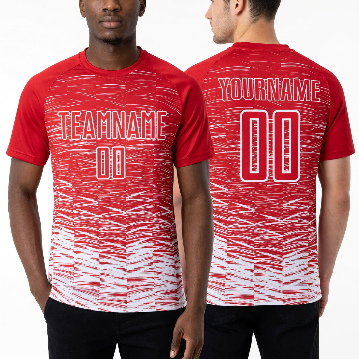 Custom Red Silver-White Line Sublimation Soccer Uniform Jersey worn front and back