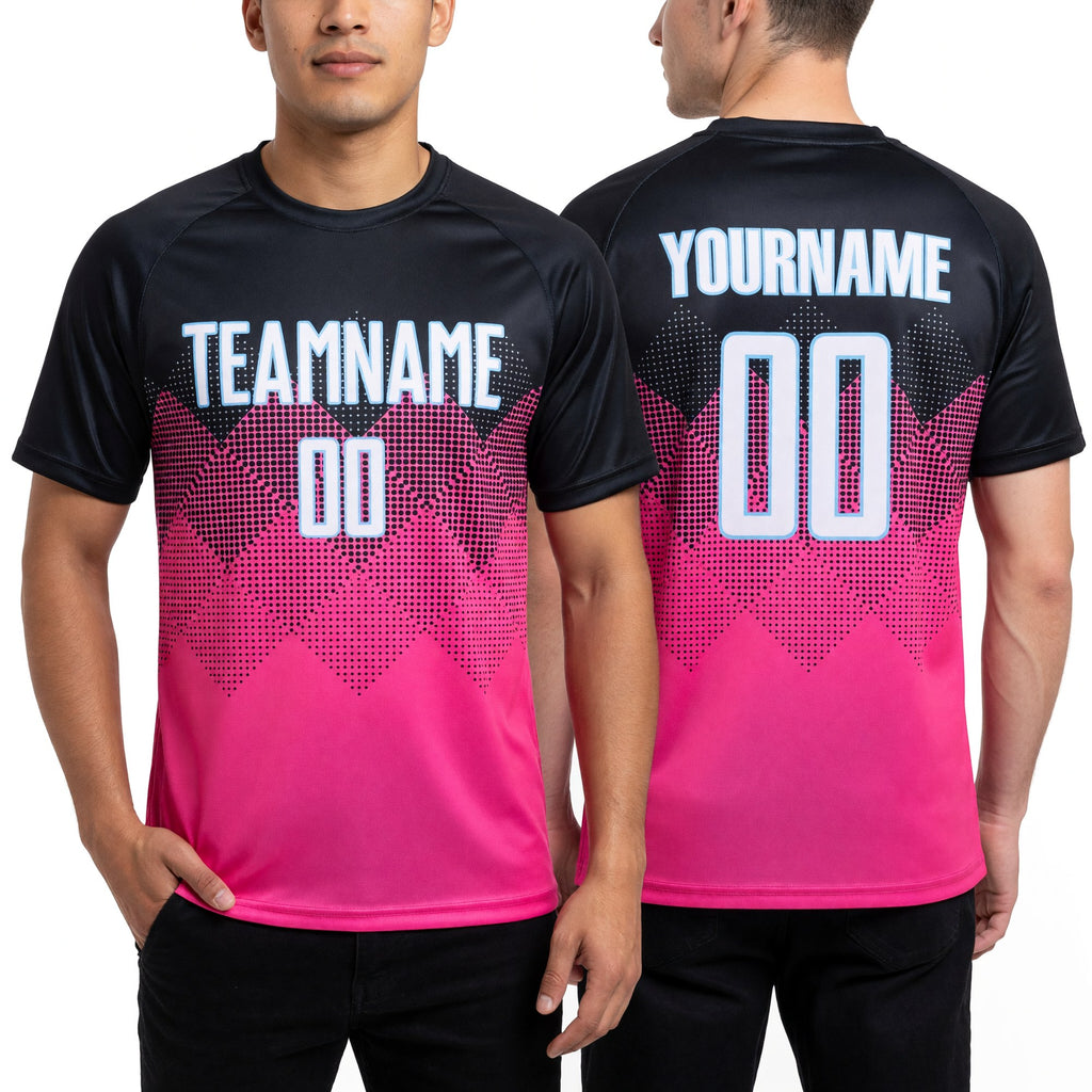 Custom Pink Black-LIght Blue Gradient Square Shape Sublimation Soccer Uniform Jersey worn front and back