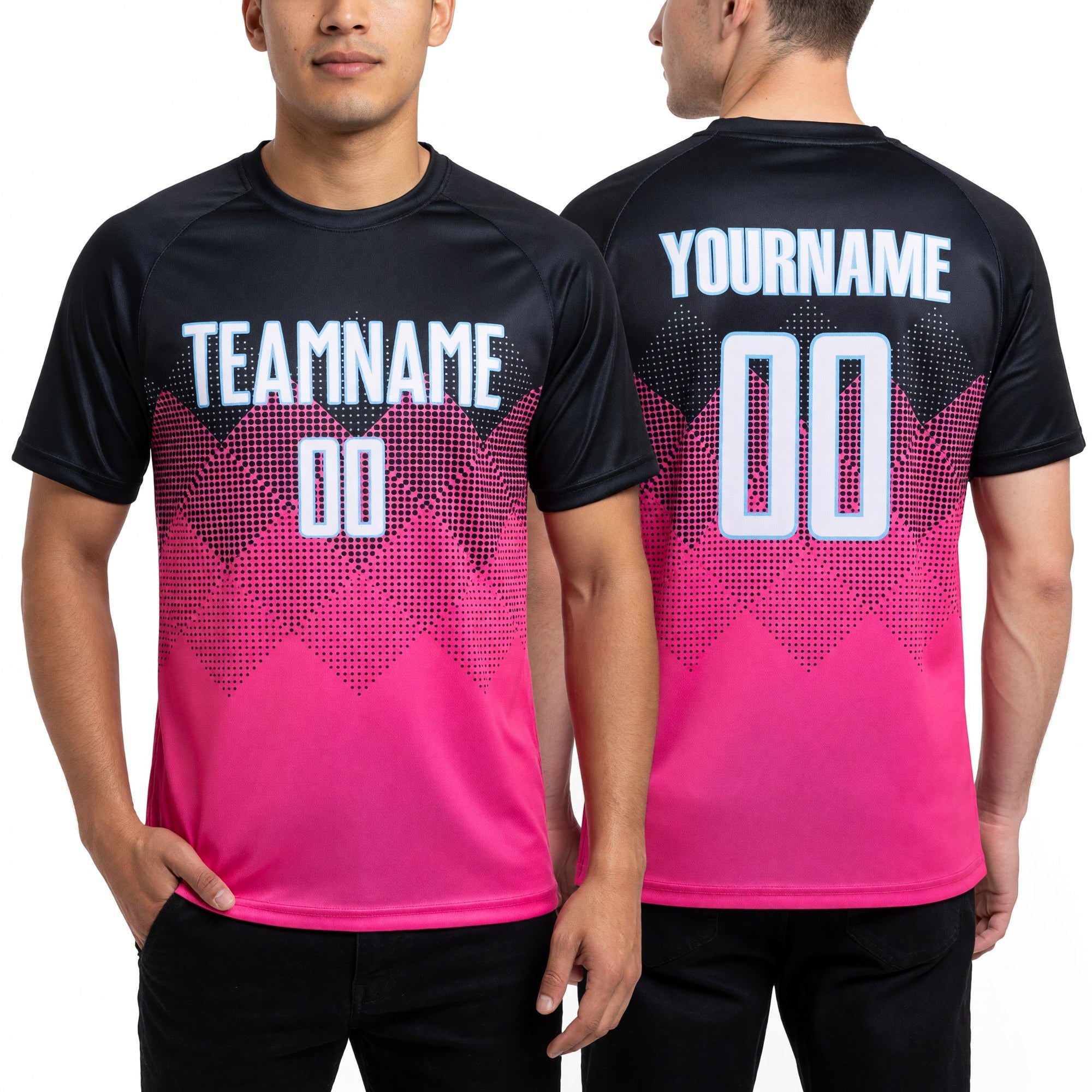 Custom Pink Black-LIght Blue Gradient Square Shape Sublimation Soccer Uniform Jersey worn front and back