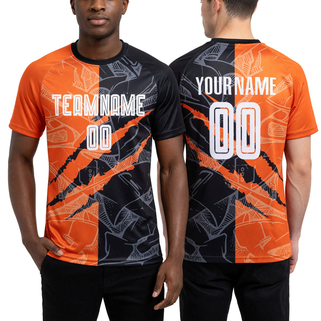 Custom Graffiti Pattern Black-Texas Orange Scratch Sublimation Soccer Uniform Jersey worn front and back