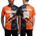Custom Graffiti Pattern Black-Texas Orange Scratch Sublimation Soccer Uniform Jersey worn front and back