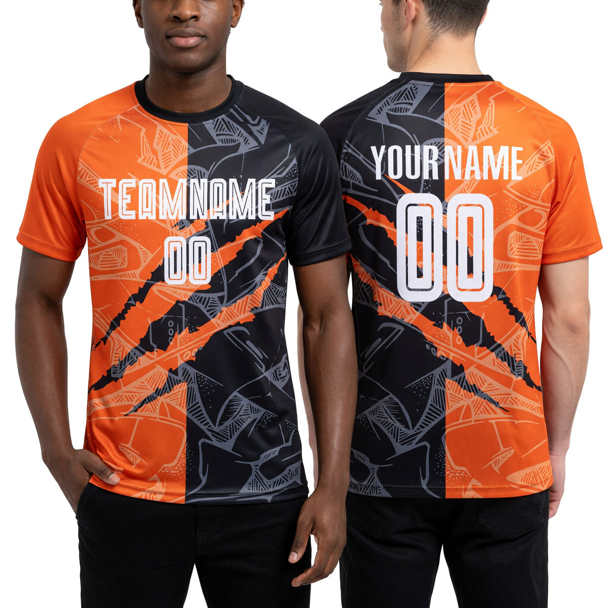 Custom Graffiti Pattern Black-Texas Orange Scratch Sublimation Soccer Uniform Jersey worn front and back