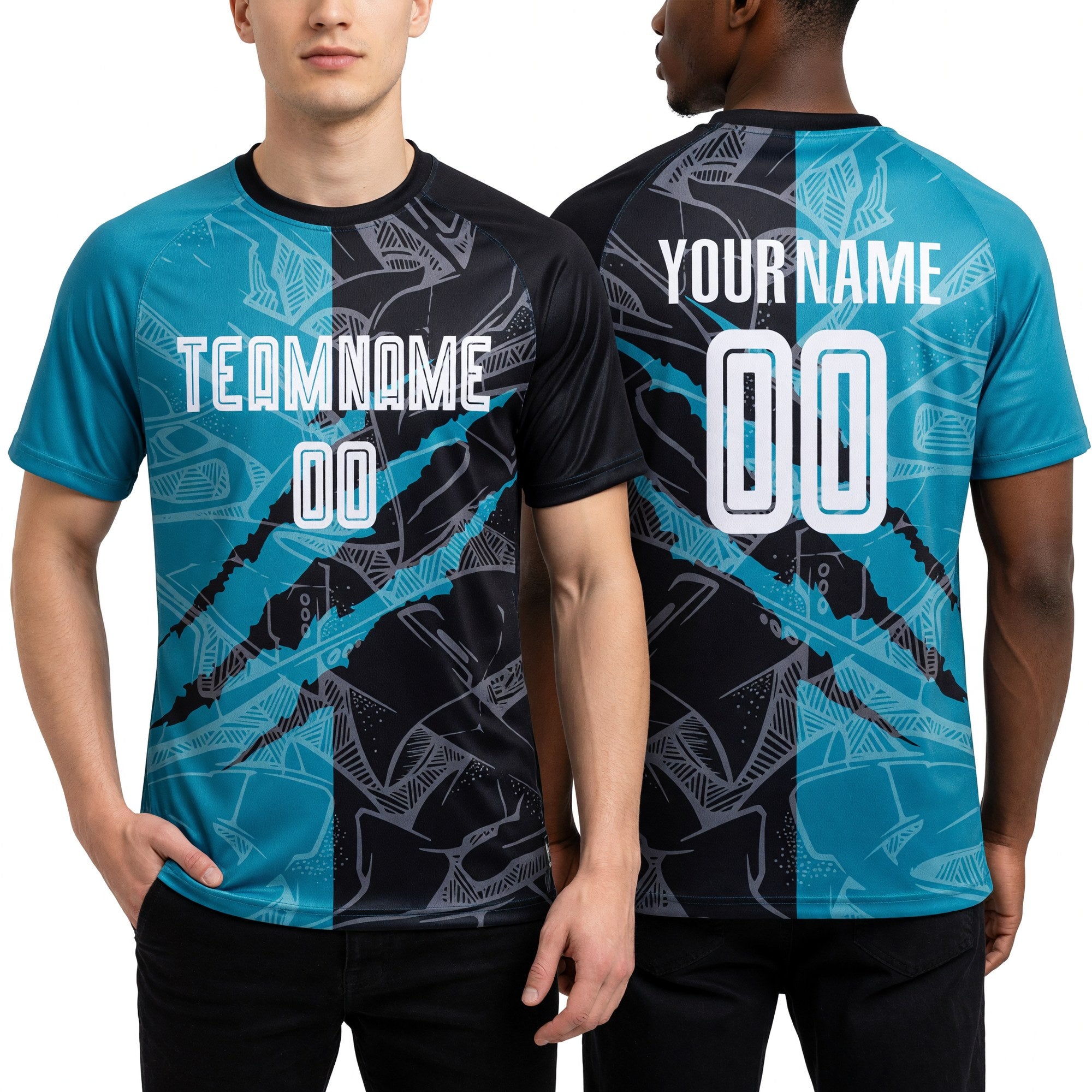 Custom Graffiti Pattern Black-Teal Scratch Sublimation Soccer Uniform Jersey worn front and back
