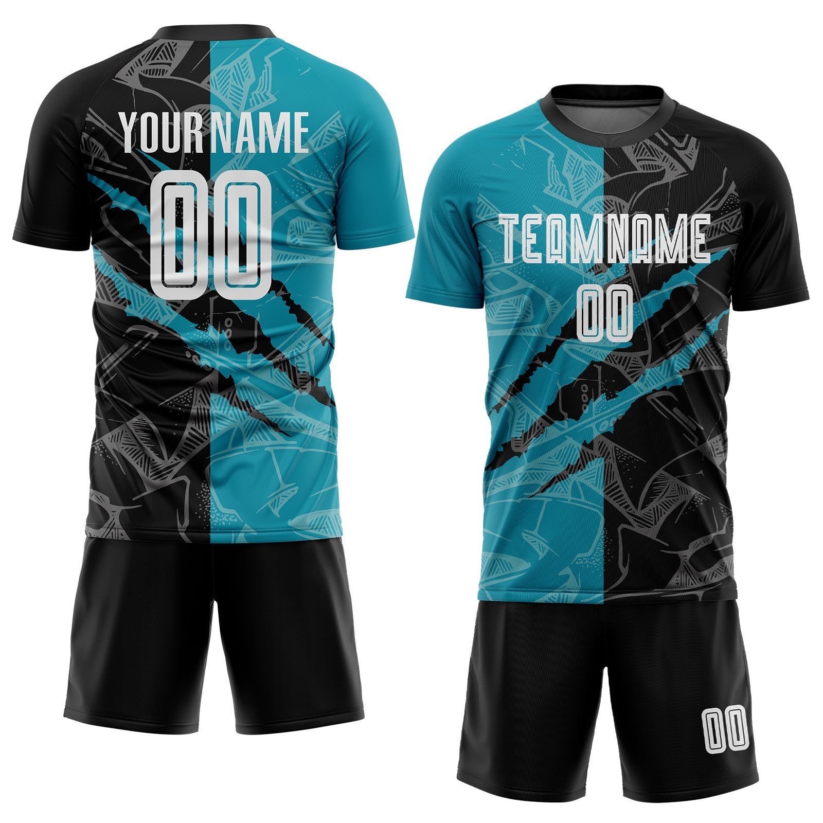 Custom Graffiti Pattern Black-Teal Scratch Sublimation Soccer Uniform Jersey photo 2