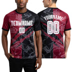 Custom Graffiti Pattern Black-Maroon Scratch Sublimation Soccer Uniform Jersey worn front and back