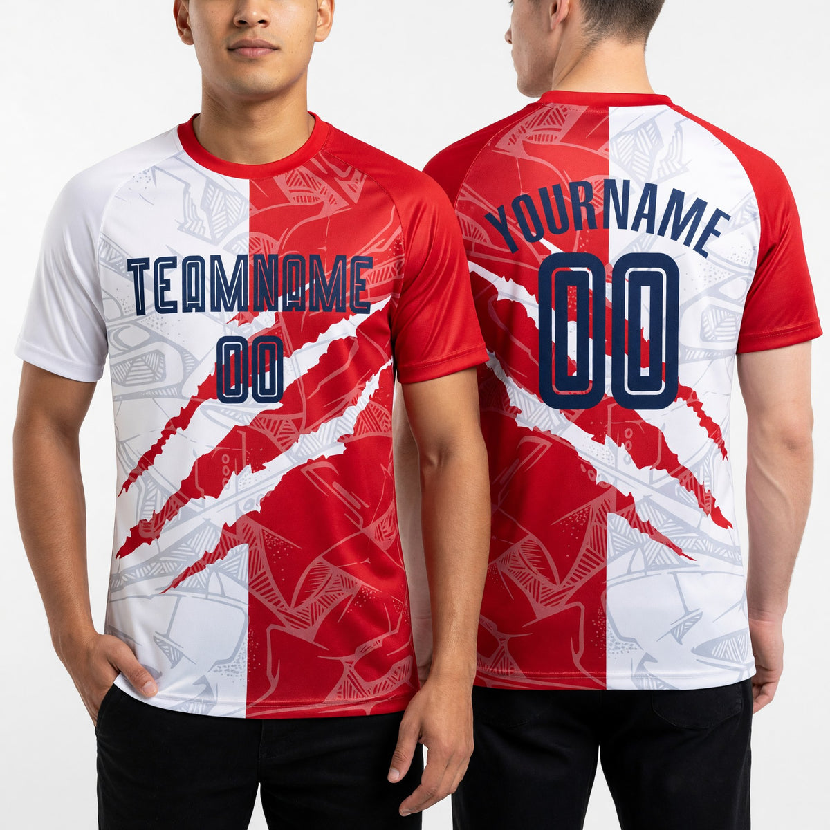 Custom Graffiti Pattern Navy-Red USA Scratch Sublimation Soccer Uniform Jersey worn front and back