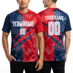 Custom Graffiti Pattern Red-Navy USA Scratch Sublimation Soccer Uniform Jersey worn front and back
