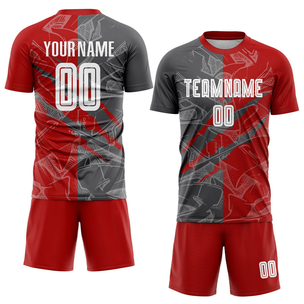 Custom Graffiti Pattern Red-Steel Gray Scratch Sublimation Soccer Uniform Jersey photo 2