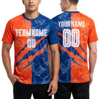 Custom Graffiti Pattern Royal-Orange Scratch Sublimation Soccer Uniform Jersey worn front and back